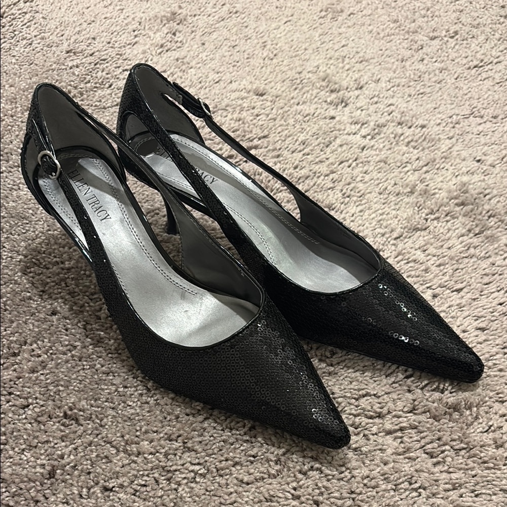 Ellen Tracy Black Sequin Heels with Kitten Heel